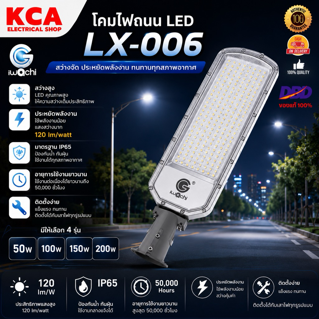 IWACHI โคมไฟถนน 220V 50W 100W 150W 200W แสงขาว ปรับงอได้90° วัสดุอลูมิเนียม+PC กันน้ำIP65