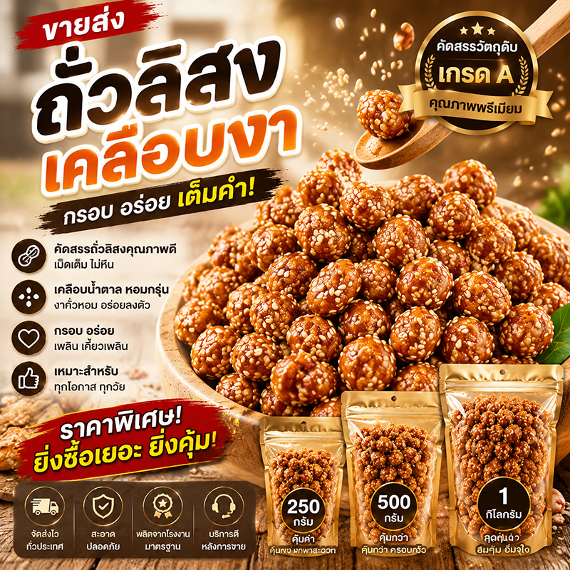 [ราคาขายส่ง!] ถั่วลิสงเคลือบงา เกรด A หอมงาคั่ว กรอบสนั่น ยิ่งซื้อเยอะยิ่งคุ้ม (250g/500g/1kg) ราคาถูก Shopee Lazada
