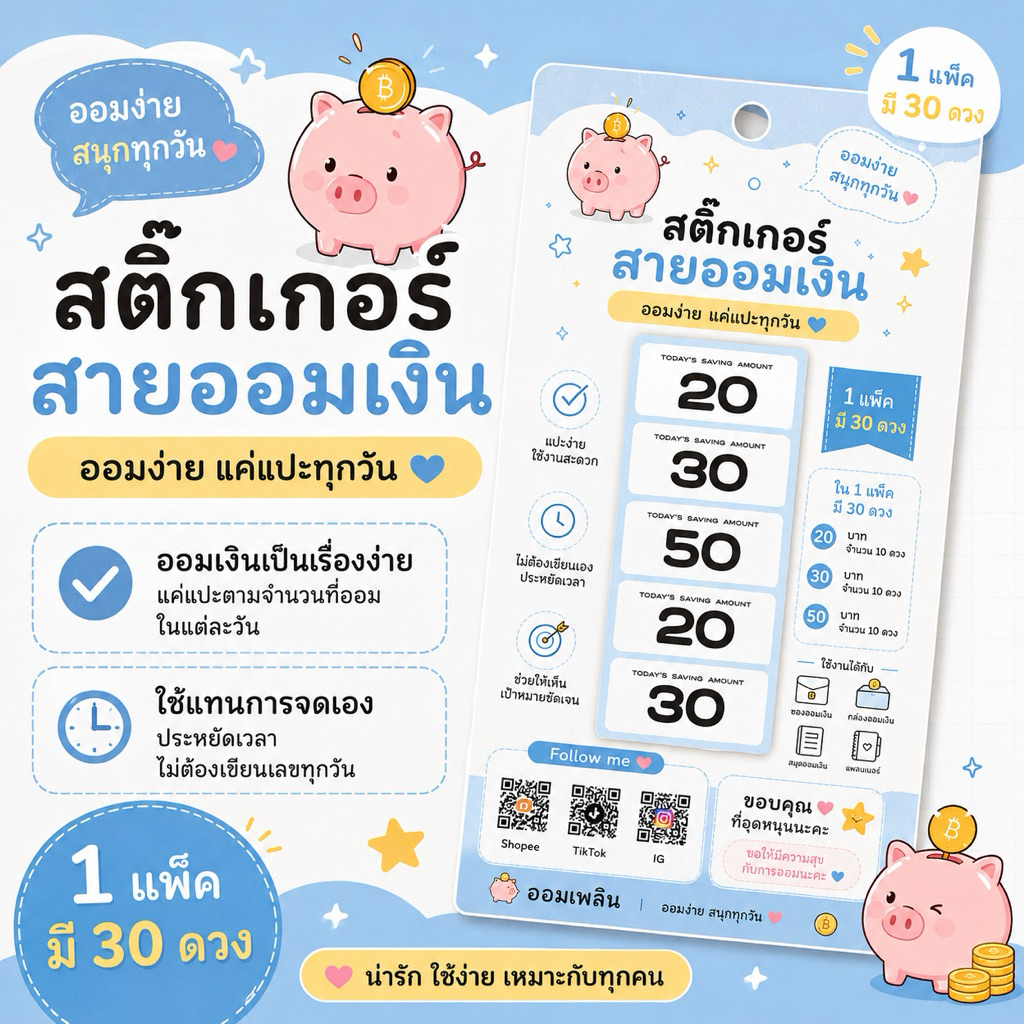 สติ๊กเกอร์ตัวเลขออมเงิน พร้อมใช้ ไม่ต้องเขียนเอง |  ตัวเลขออมเงิน 20/30/50 บาท สำหรับสายออม