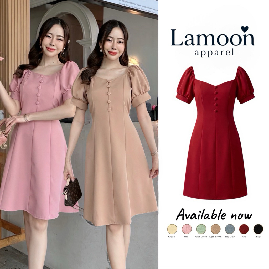 [พร้อมส่ง]Judy dress เดรสดึงยางไหล่เเขนสั้นเเต่งกระดุม ป้าย VERA ชุดไปงานแต่ง ชุดไปคาเฟ่ by Lamoon apparel