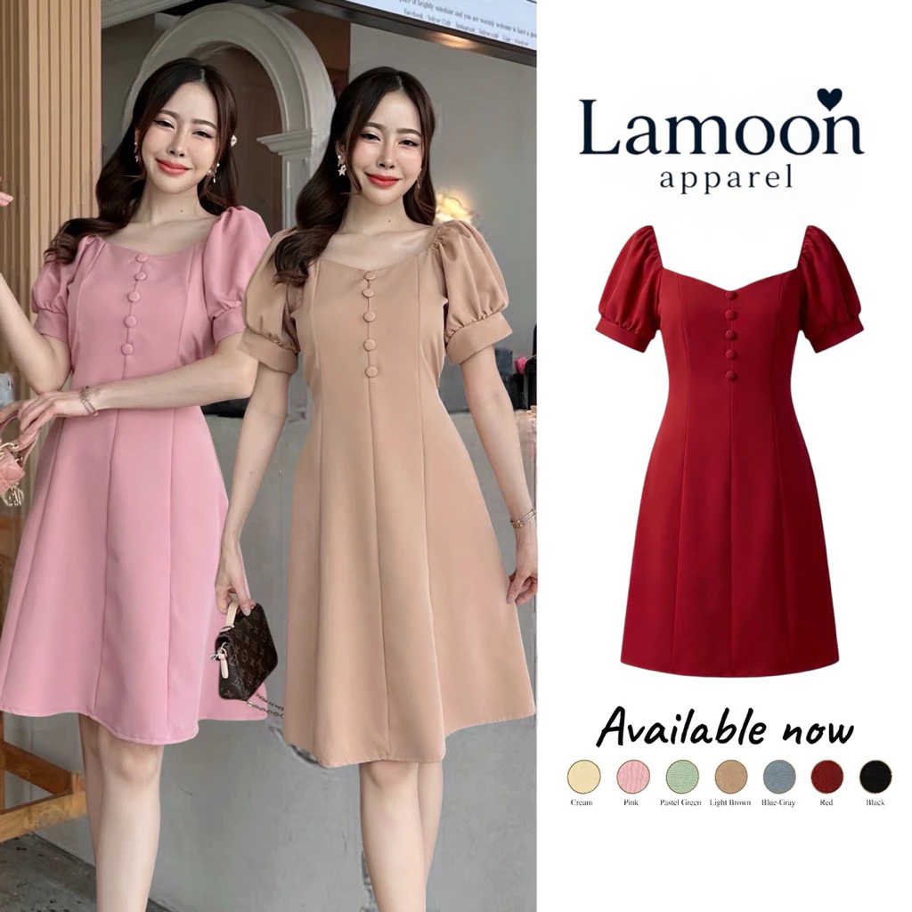 [พร้อมส่ง]Judy dress เดรสดึงยางไหล่เเขนสั้นเเต่งกระดุม ป้าย VERA ชุดไปงานแต่ง ชุดไปคาเฟ่ by Lamoon apparel