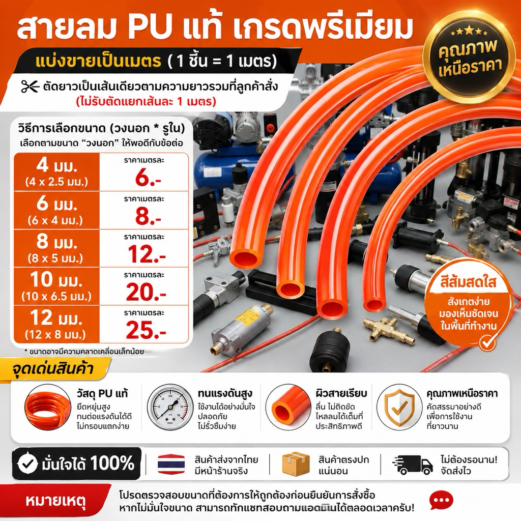 🇹🇭🔥สายลมPUสีส้ม🔥ขนาด4มม-12มม.แบ่งเมตร