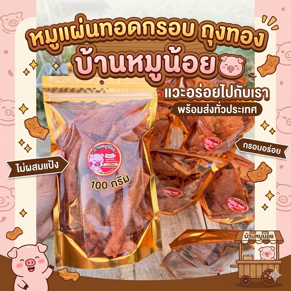 หมูแผ่นทอดกรอบ 100g. ถุงซิปล็อค สีทอง รสชาต กลมกล่อม ทอดใหม่ทุกวัน