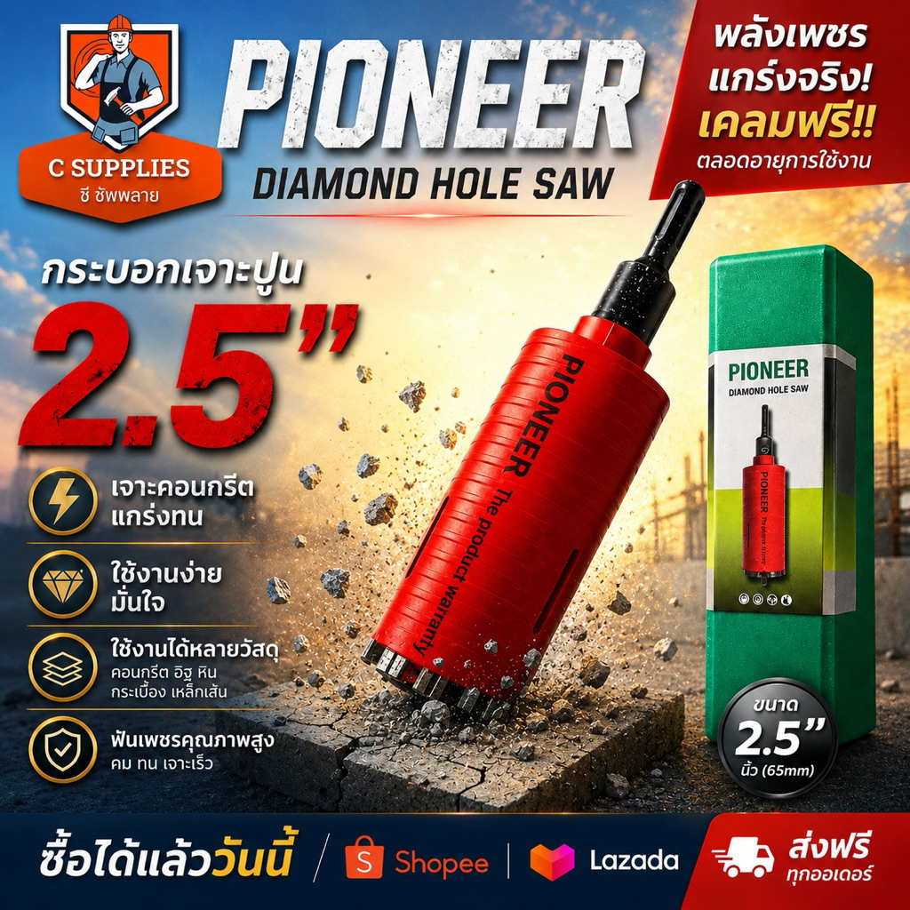 โฮลซอกระบอกเจาะปูนหัวเพชร 2.5 นิ้ว ยี่ห้อ PIONEER DIAMOND HOLE SAW หัวเพชร 63.5 มม.