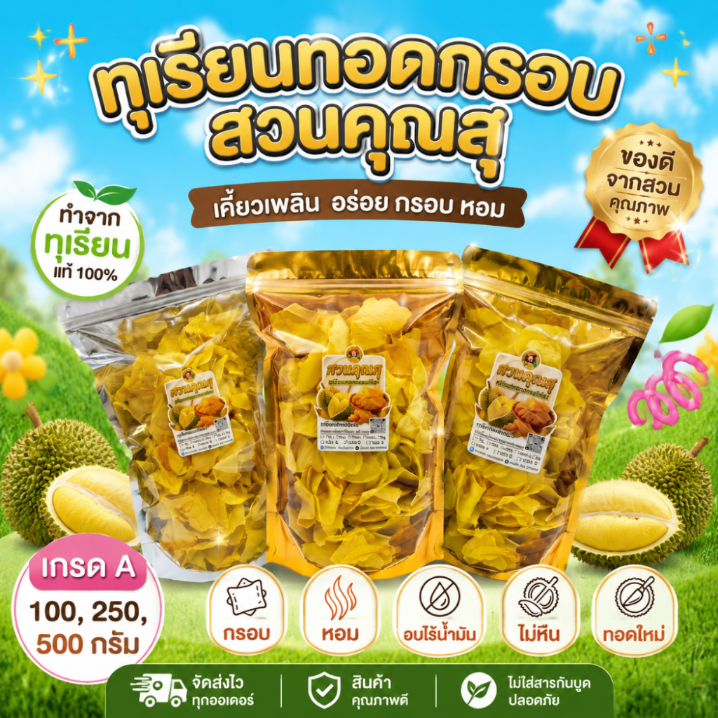 (ส่งด่วน) ทุเรียนทอด 100% พรีเมี่ยม เกรด A ขนาด 100 กรัม (1ถุง)