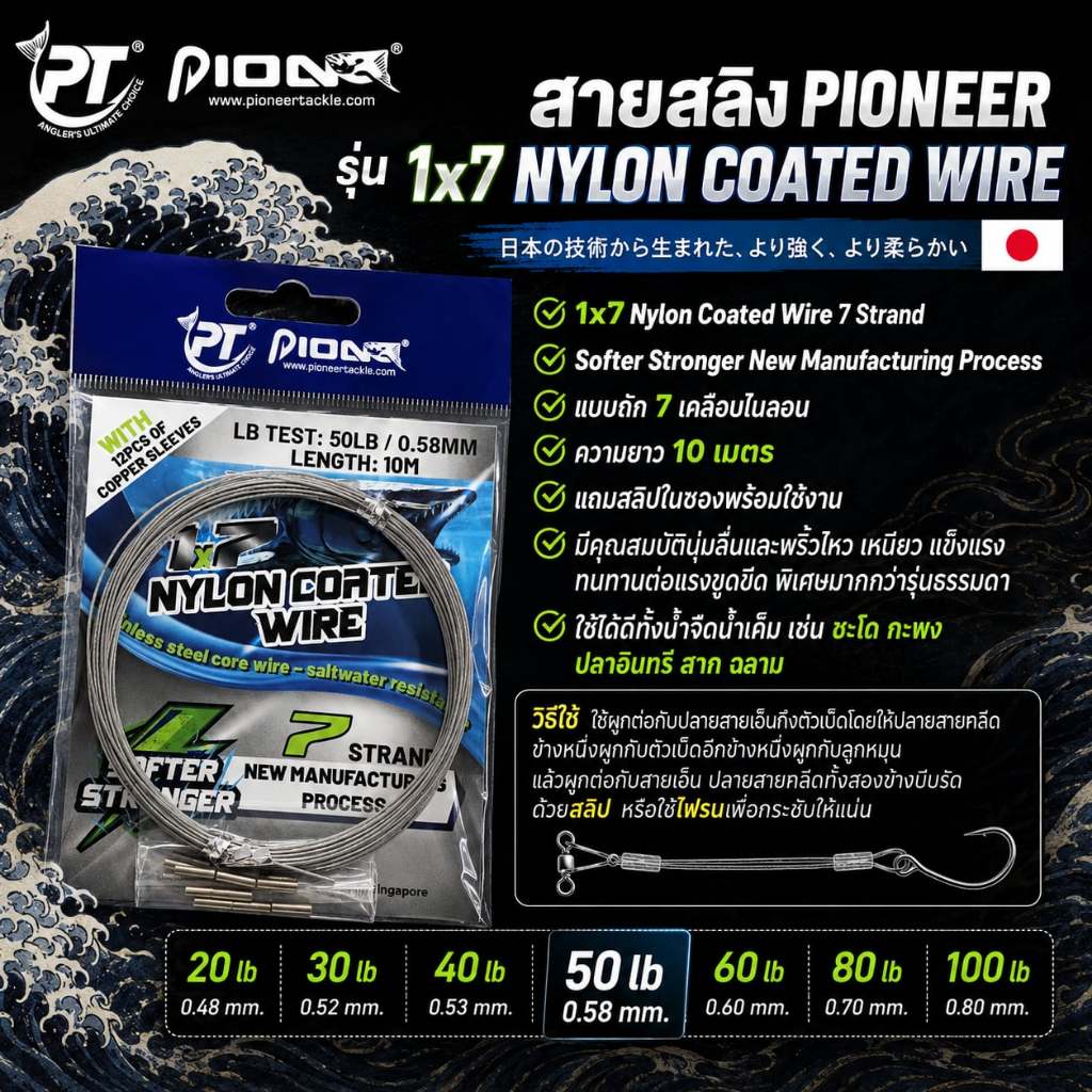 [พร้อมส่ง]สายสลิง PIONEER รุ่น 1x7 NYLON COATED WIRE สลิงหุ้มไนลอน สลิงตกปลา สลิงอ่อน สลิงนิ่ม