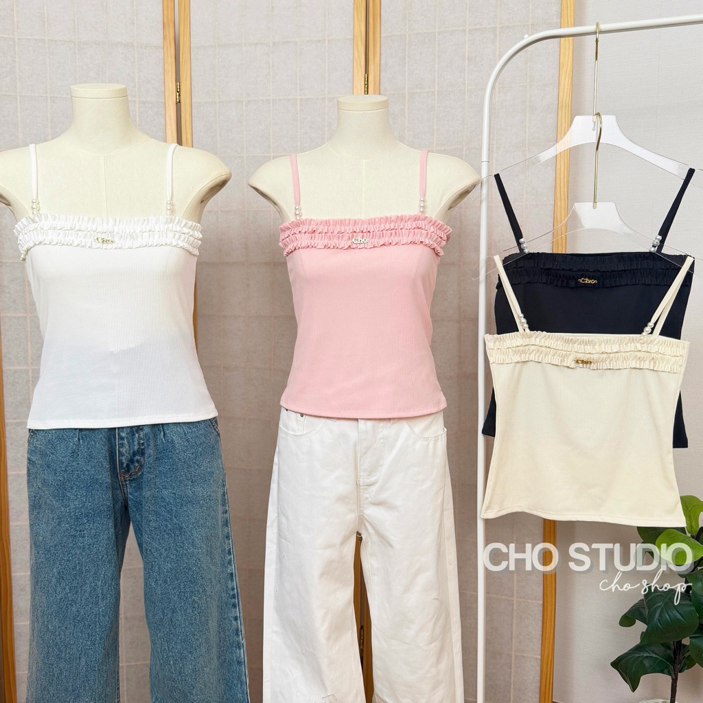 Pearl Top สายเดี่ยวแต่ระบายอก สายลูกปัดมุก สอยอะไหล่ Cho (สายเดี่ยวมุก)