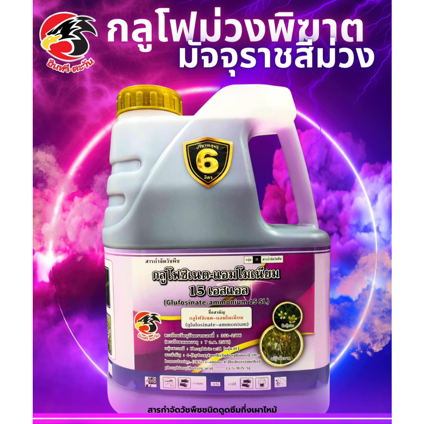 กลูโฟซิเนต 6 ลิตร เกรดน้ำม่วงพิฆาต มัจจุราชสีม่วง #กลูโฟซิเนตแอมโนเนียม 15% ยาเผาไหม้+ดูดซึม หญ้าร้ายตายเรียบ
