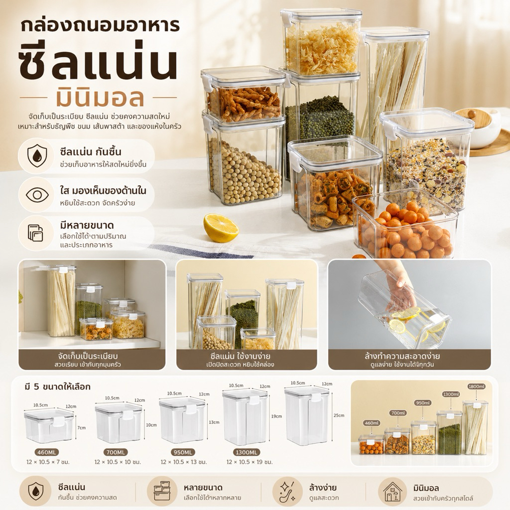Storage box กล่องเก็บอาหารซีลกันชื้น | กล่องพลาสติกถนอมอาหาร กล่องสุญญากาศ | ดีไซน์มินิมอลสำหรับห้องครัว