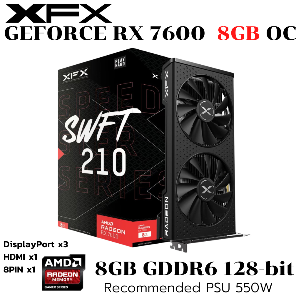 VGA (การ์ดแสดงผล) XFX SPEEDSTER SWFT 210 RX 7600 8GB OC Core Edition Black