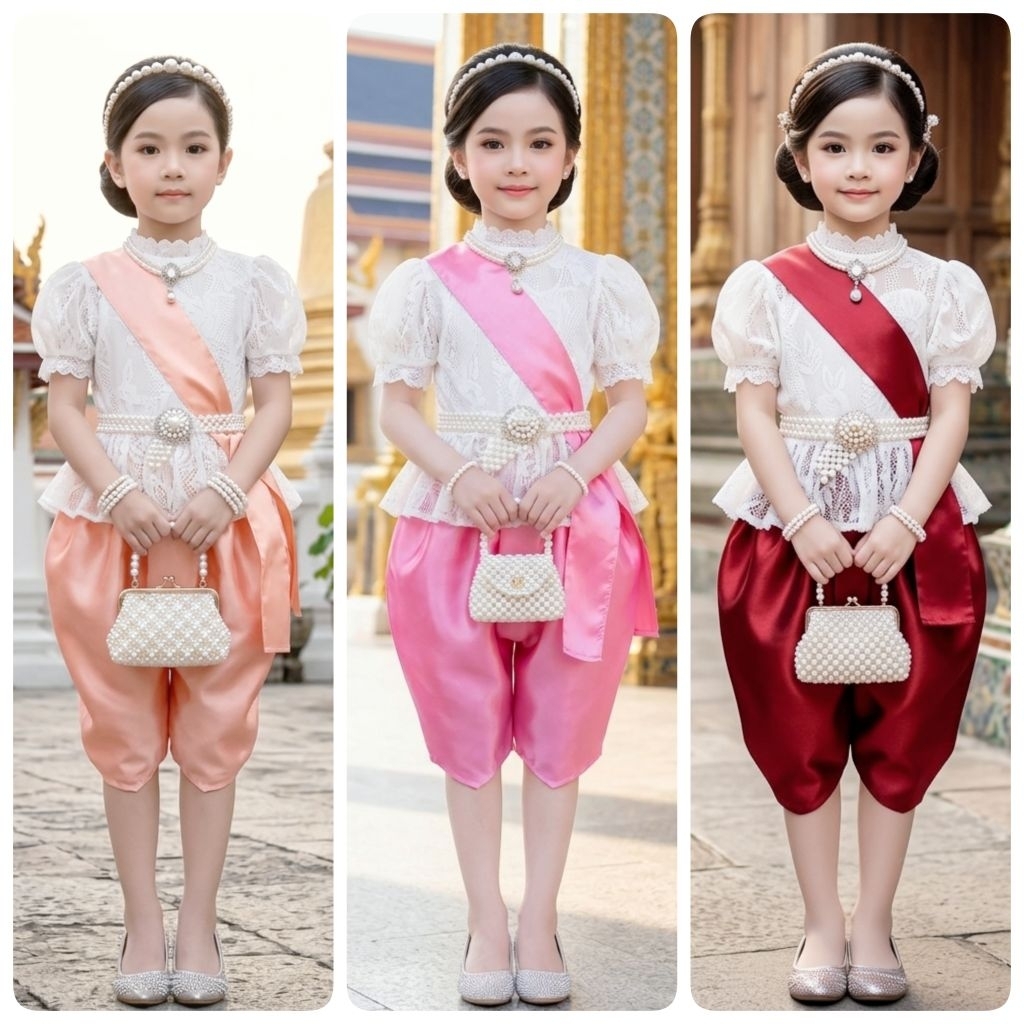 ชุดไทยเด็ก รุ่นโจงกระเบนเสื้อลูกไม้แขนตุ๊กตาแต่งชายระบาย+โจง+สไบ รวม 3 ชิ้น  **ไม่รวมเครื่องประดับ**