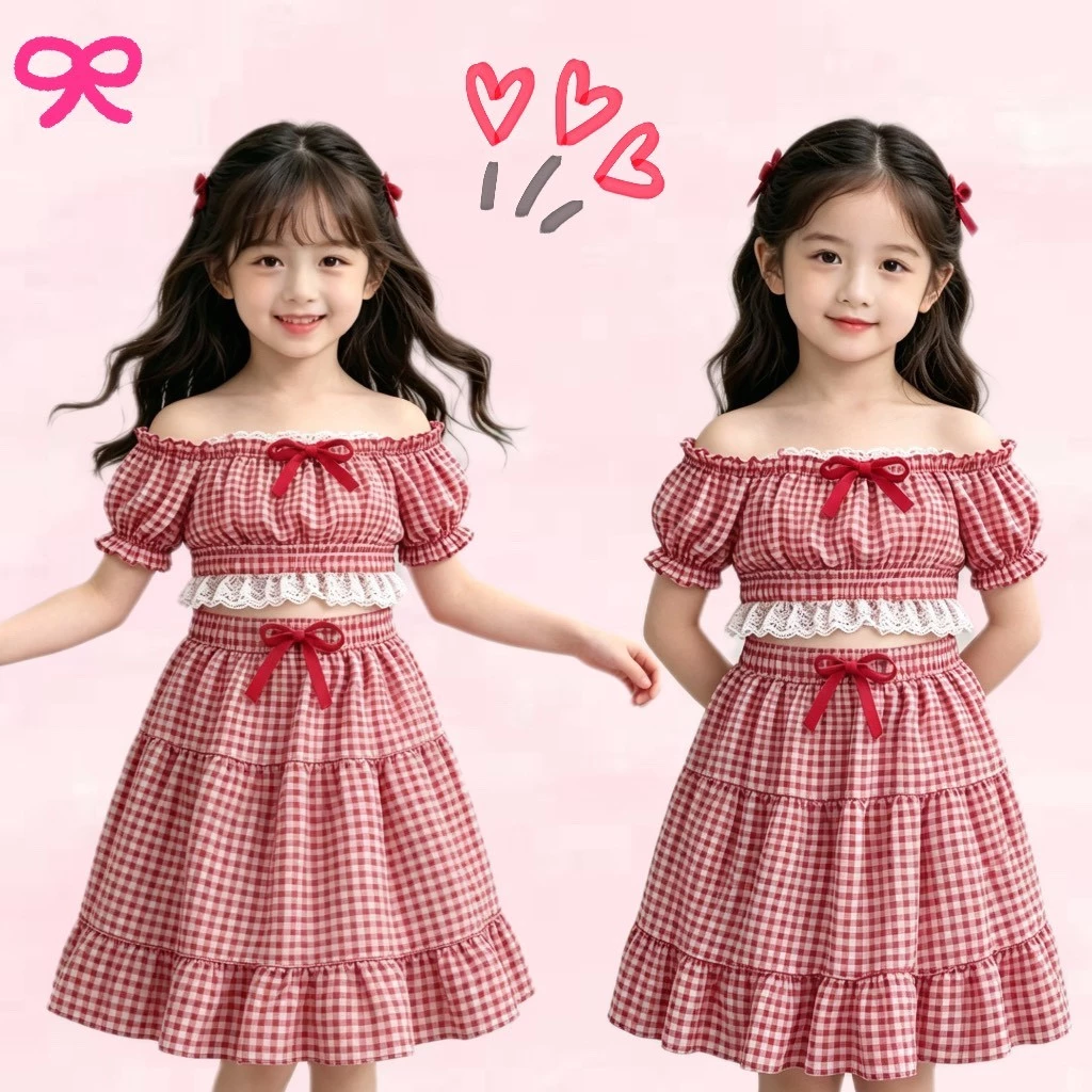 BB291 ชุดเซ็ตแฟชั่นเด็กผู้หญิง ลายสก็อตแดงขาว ใส่ถ่ายรูปสวย