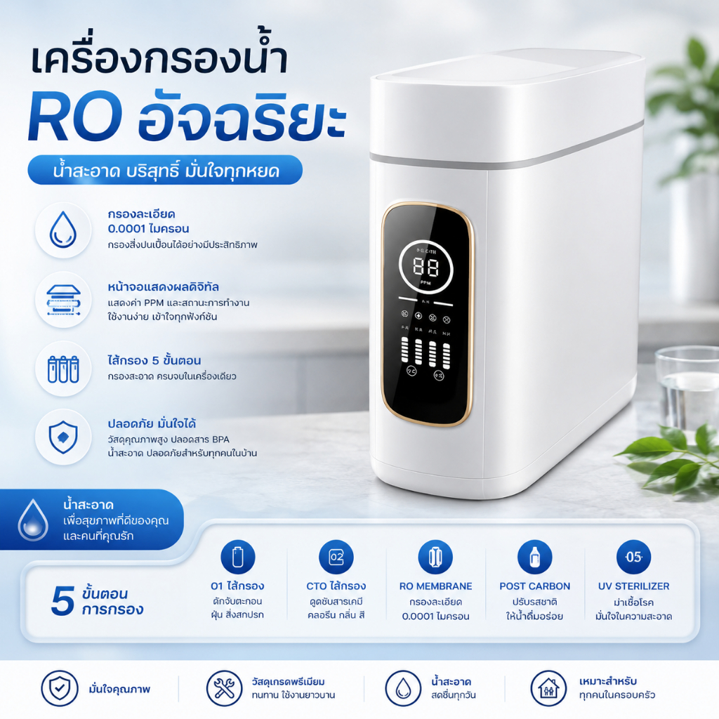 RO เครื่องกรองน้ำ เครื่องกรองดีไซส์สวย ตกแต่งห้องครัวได้ อุปกรณ์ติดตั้งครบชุด แถมไส้กรอง