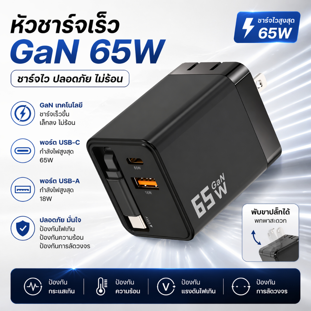 65W GaN ที่ชาร์จเร็ว พอร์ตคู่ A+C ชาร์จพร้อมกัน 3 เครื่อง มีสายยืดหดได้ ใช้ได้กับ iPhone, iPad, MacBook, Samsung, Huawei