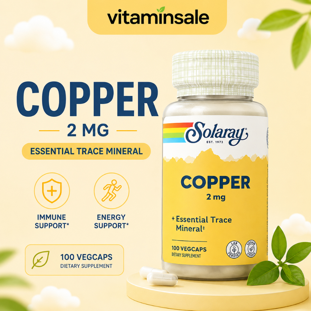 Solaray Copper 2mg 100 แคปซูล ดูแลผิว ผม เม็ดเลือด เสริมแร่ธาตุจำเป็นต่อร่างกาย