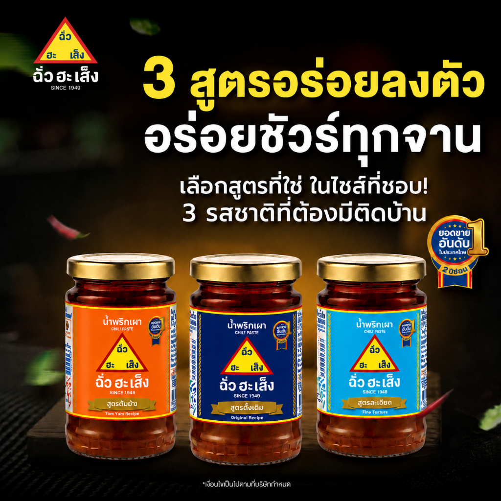 ฉั่วฮะเส็ง น้ำพริกเผา (3 สูตร) สูตรดั้งเดิม, สูตรต้มยำ และสูตรเนื้อละเอียด ขวดแก้ว 114 กรัม