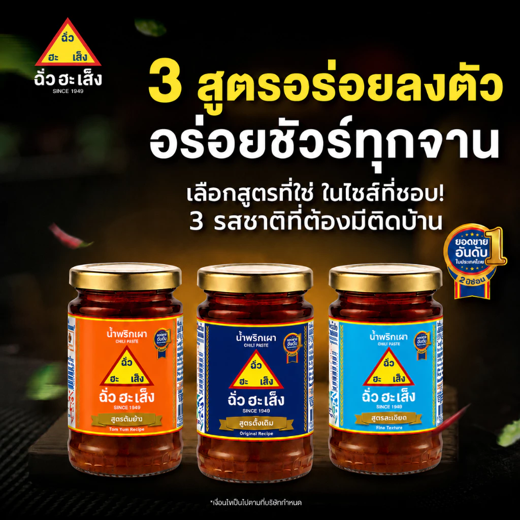 ฉั่วฮะเส็ง น้ำพริกเผา (3 สูตร) สูตรดั้งเดิม, สูตรต้มยำ และสูตรเนื้อละเอียด ขวดแก้ว 114 กรัม