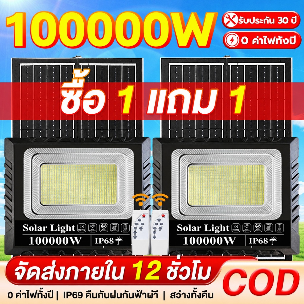 EEKOO ซื้อ 1 แถม 1 ไฟโซล่าเซลล์ ไฟโซล่าเซล 100000W กันน้ำ กันฟ้าผ่า IP68 Solar Light LED ไฟสปอร์ตไลท์ โซล่าเซลล์สปอตไลท์