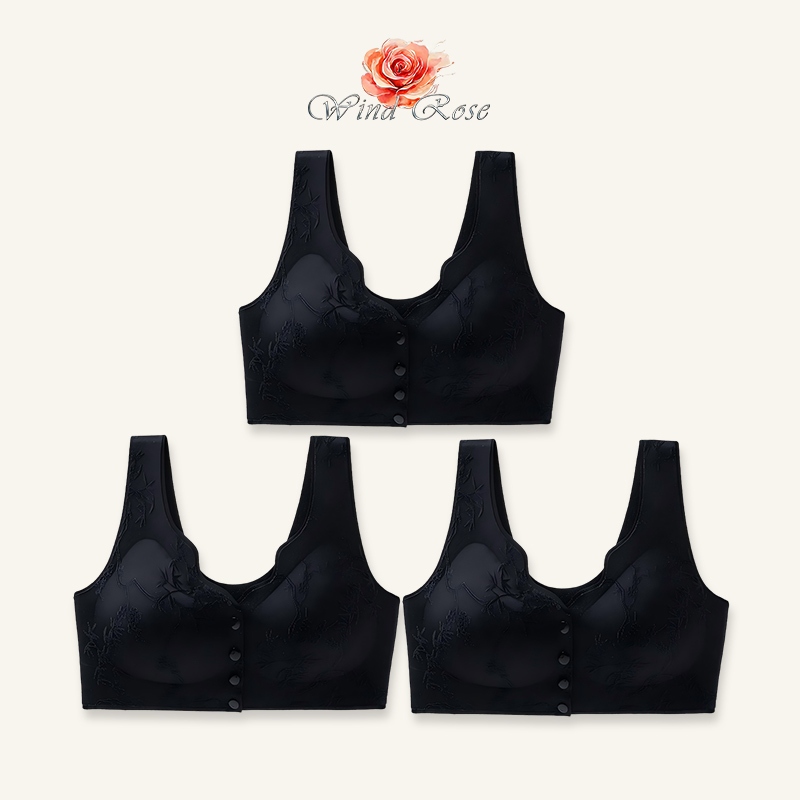 Wind Rose (Set 3 ชิ้น) Perfect Bra กระดุมด้านหน้า เสื้อใน เสื้อชั้นใน ไร้ตะเข็บ ไร้โครง 8819# ดำ
