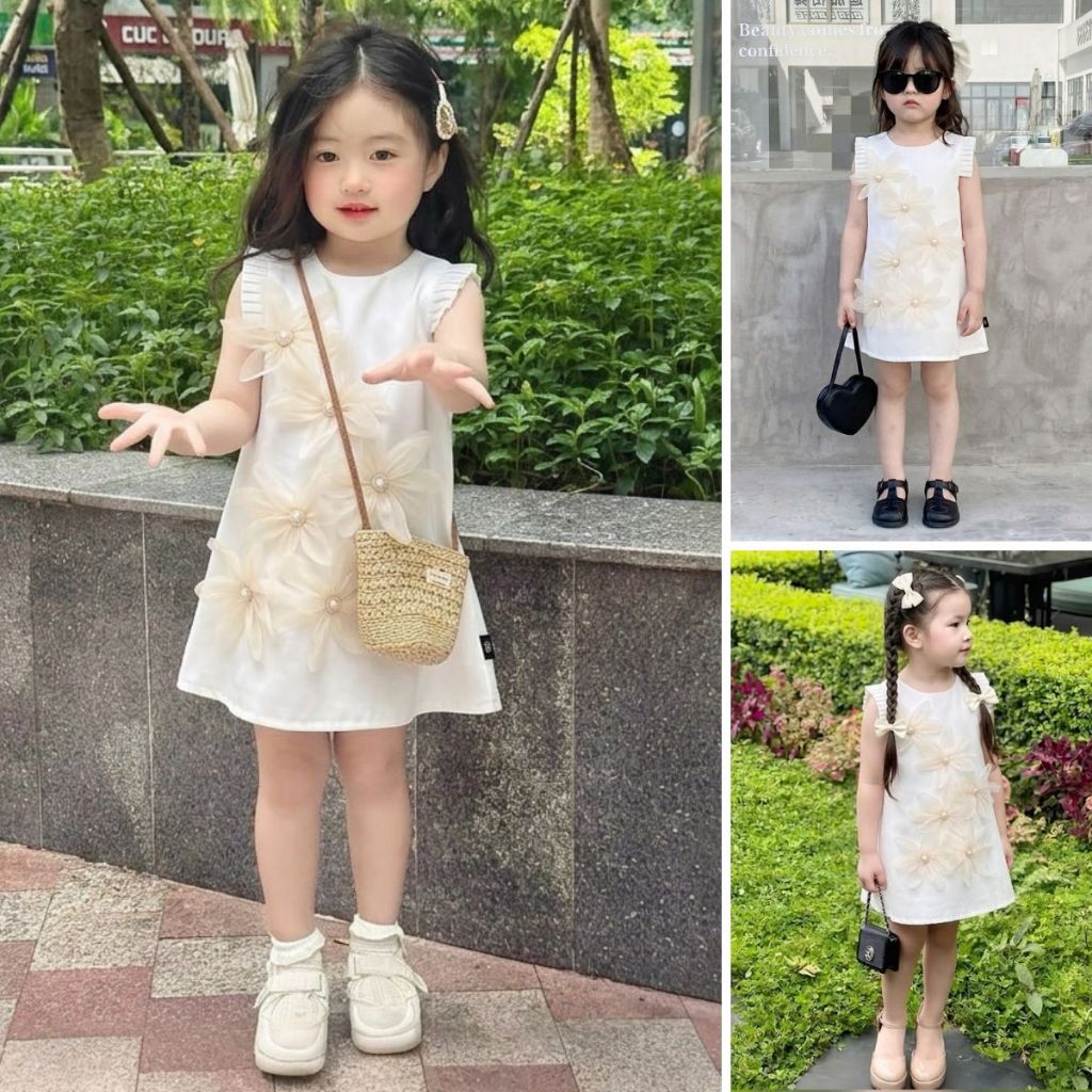 Hanababywear พร้อมส่ง ชุดเดรสเด็กผู้หญิง ดอกไม้พรีเมียม สีขาว K5135746