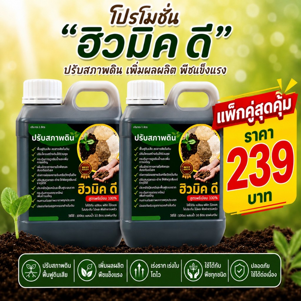 แพ็คสุดคุ้ม 2 ขวด ฮิวมิค ดี สูตรพรีเมียม ฟื้นฟูดินเสีย ปรับโครงสร้างดิน -ปรับสมดุลดิน ดูดซึมแร่ธาตุได้ดี แตกรากใหม่