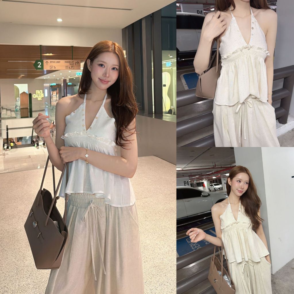 ส่งทันที 💨 SLYQ PEARL BUTTON LINEN HALTER TOP สายเดี่ยวลินินเปิดหลัง ดีเทลกระดุมเปลือกหอยมุก