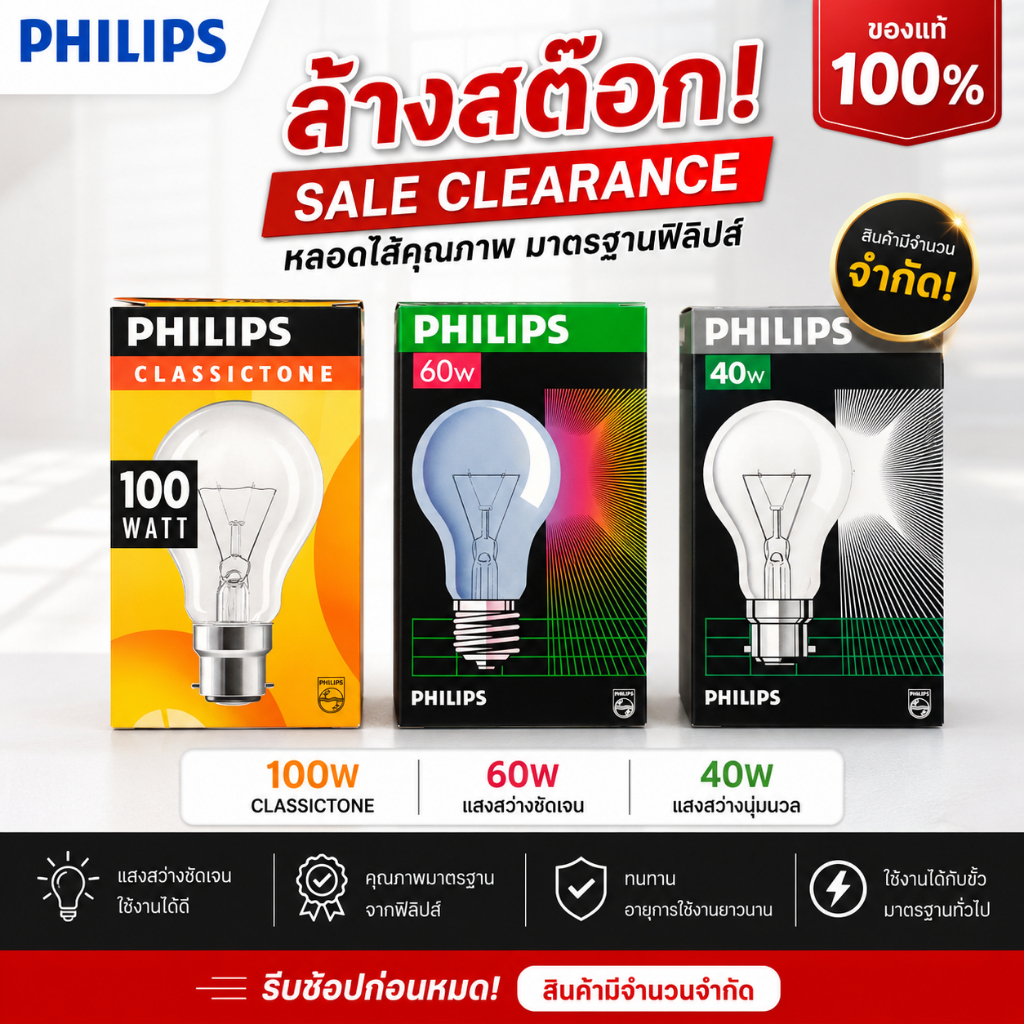 PHILIPS หลอดไส้ หลอดไฟฟิลิปส์ 40W / 60W / 100W ขั้วมาตรฐาน (สินค้าล้างสต๊อก) ของแท้