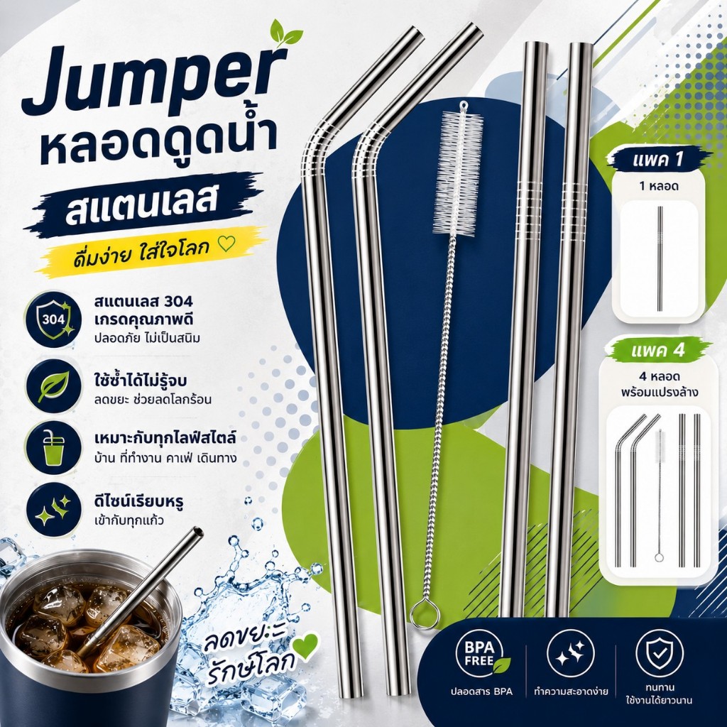 Jumper Kids หลอดดูดน้ำ หลอดสแตนเลส แพค 1 และ แพค 4 พร้อมที่ทำความสะอาด(สำหรับแพค 4)
