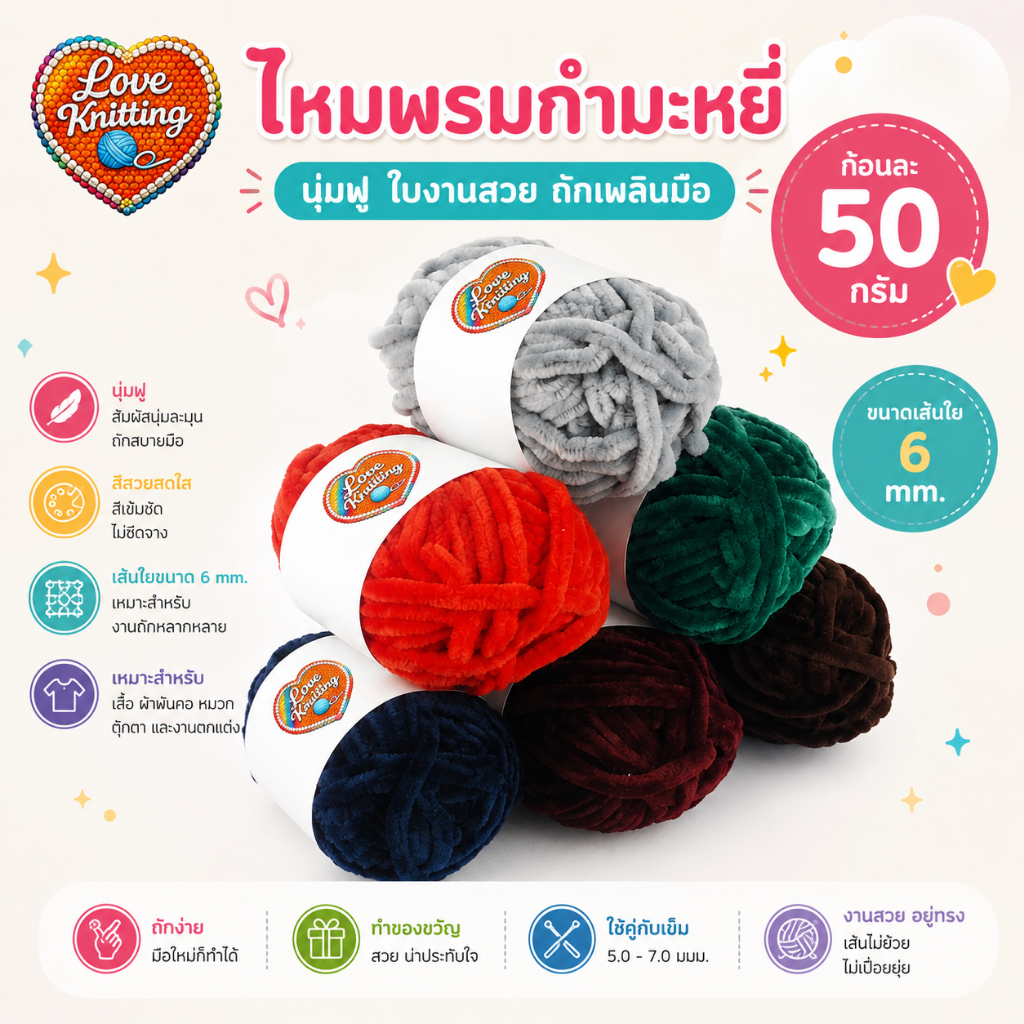 WA015 - 50g ไหมพรมกำมะหยี่ ไหมพรม ไหมพรมฟรุ้งฟริ้ง ไหมพรมเส้นเล็ก กำมะหยี่