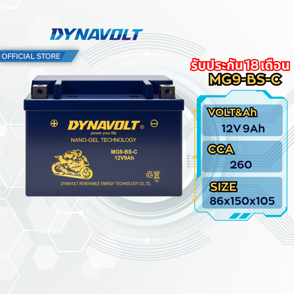 DYNAVOLT MG9-BS-C ไดน่าโวลท์ แบตเตอรี่มอเตอร์ไซค์ แบตเตอรี่ นาโนเจล !!FROZA ใส่ไม่ได้!!