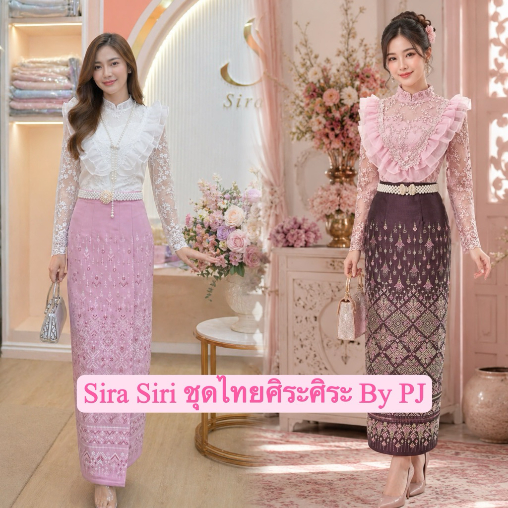 Sira Siri ชุดลูกไม้ ชุดออกงาน เสื้อลูกไม้ปักลายดอก สวยๆ เกรดพรีเมียร์ แต่งระบาย2ชั้น ผ้าถุงสำเร็จรูป งานทอเครื่องทอลาย