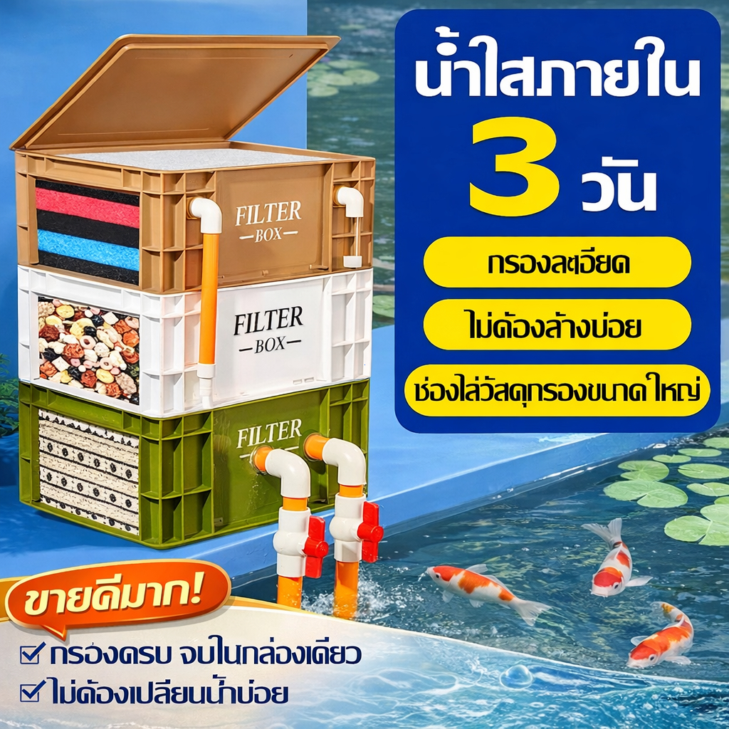 กล่องกรองน้ำ  ระบบกรองตู้ปลา น้ำใสไวใน 3 วัน กรองละเอียด ใส่วัสดุกรองได้เยอะ ไม่ต้องล้างบ่อย