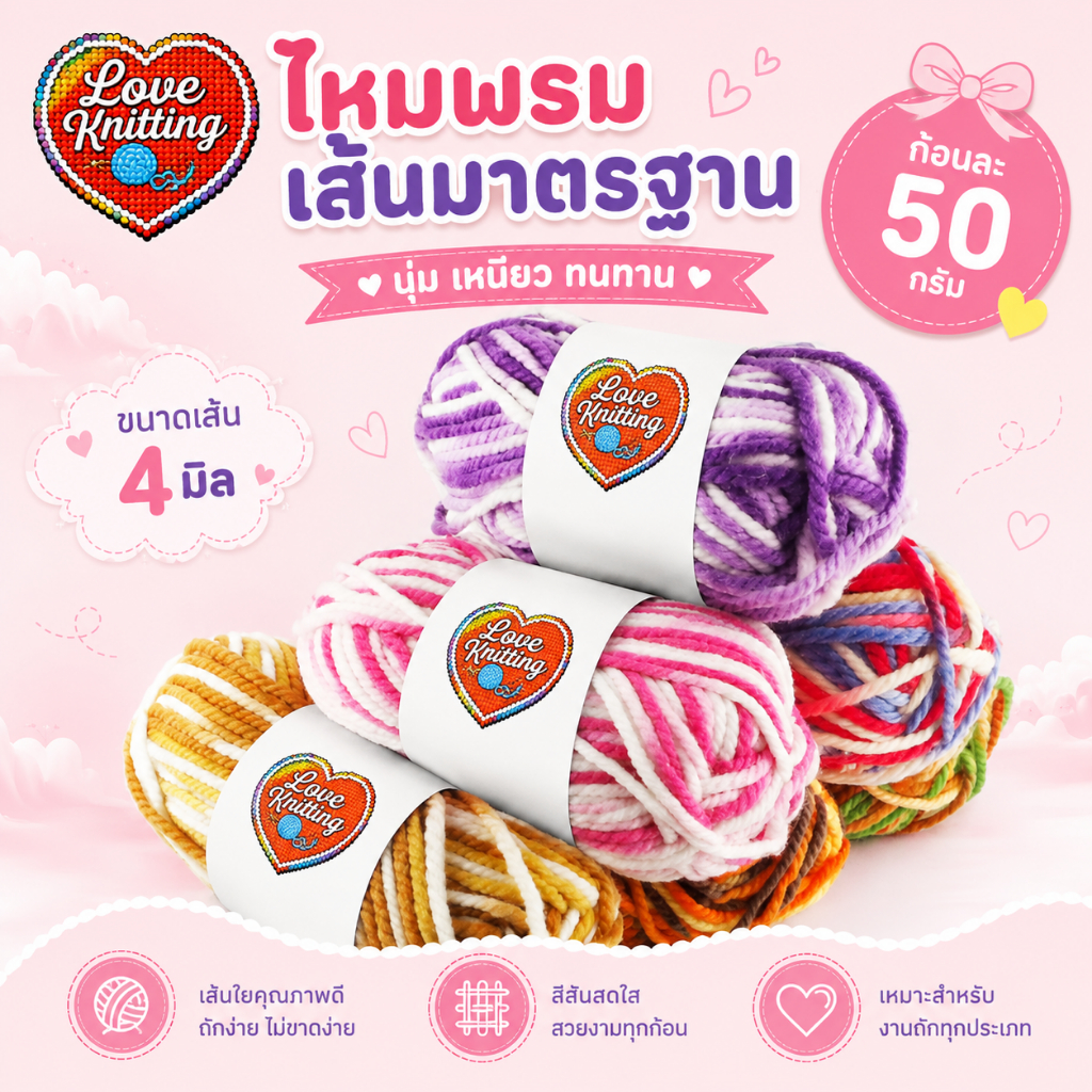 ไหมพรมเส้นมาตรฐาน WA01-5SM 50กรัม สีล้วน สีผสม Mix color ไหมพรม