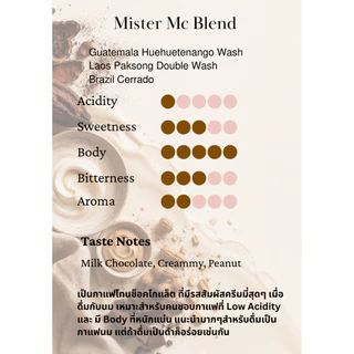 mister bean roasters เมล็ดกาแฟคั่วกลาง โทน ครีมชีส ถั่วแมคคาเดเมีย ผสมนมนัวมากๆ Mister Mc Blend ได้ทั้งกาแฟดำและนม