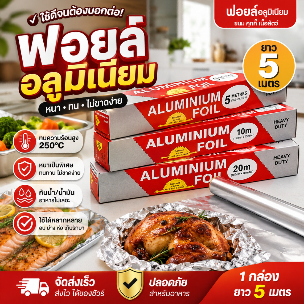 5M ฟอยล์ห่ออาหาร ฟอยล์อลูมิเนียม ขนาด กระดาษฟอยล์สำหรับทำอาหาร Aluminiumfoil Foil