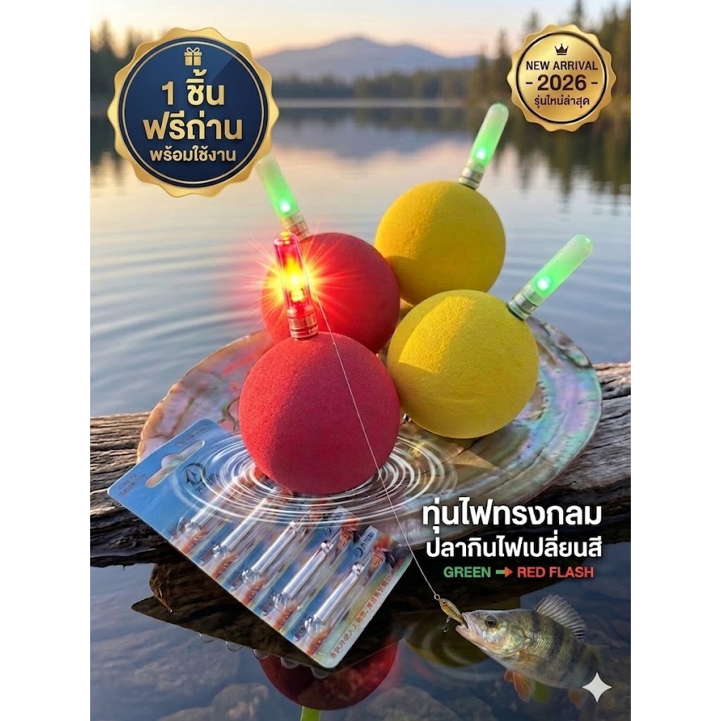 ทุ่นไฟทรงกลมสำหรับตกปลา led  ทุ่นตั้งตรงไม่ล้มแสงไฟชัด เวลาปลากินไฟจะเปลี่ยนสี ราคาถูก 1ชิ้น+ฟรีถ่าน