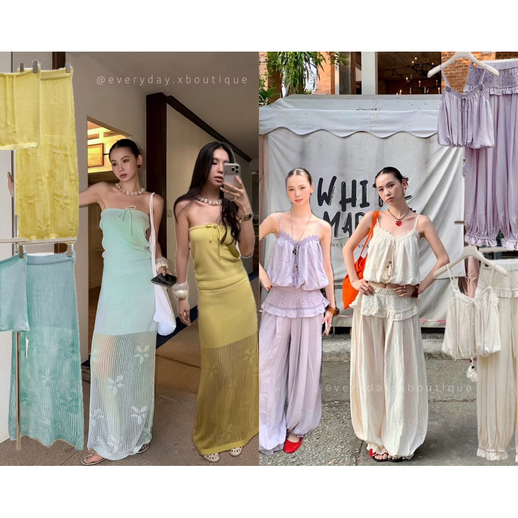 𝗘𝗥𝗔 𝗙𝗥𝗜𝗟𝗟𝗦 𝗦𝗘𝗧🍦💜ชุดSet2ชิ้นเสื้อสายเดี่ยวทรงพองจั๊มเอว แมทช์กางเกงขายาว 𝗖𝗛𝗟𝗢𝗘 𝗠𝗘𝗦𝗛 𝗦𝗘𝗧💛🩵เซตผ้าถักมาพร้อมเกาะอกและกระโปรง