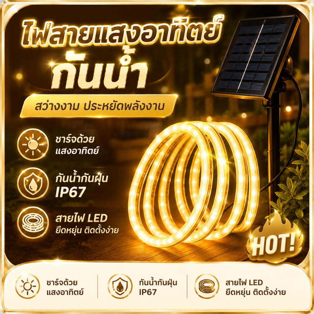 ไฟสาย LED แสงอาทิตย์ กันน้ำใช้งานกลางแจ้ง สว่างมาก ไฟตกแต่งสวน ชาร์จอัตโนมัติ อายุการใช้งานยาวนาน รีโมทปรับความสว่าง