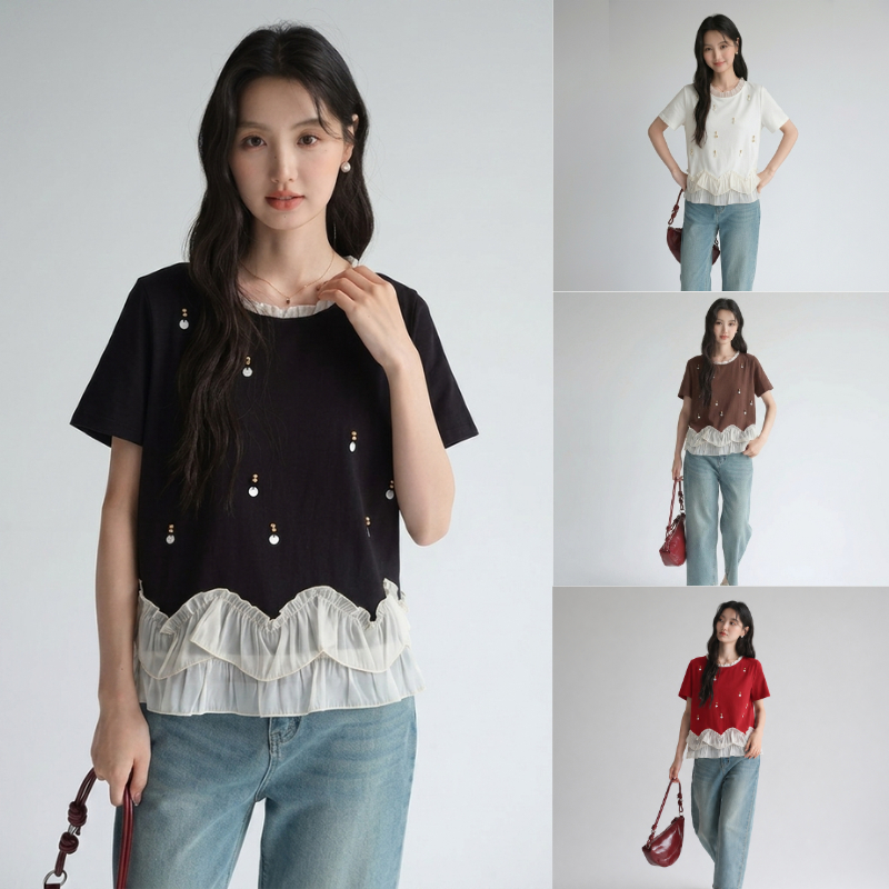 🚗พร้อมส่ง🍃  S-6XL เสื้อแขนสั้น เสื้อยืดผู้หญิง สไตล์วินเทจ เสื้อยืดใส่สบาย แต่งระบายลูกไม้ ปักไข่มุก แฟชั่นเกาหลี