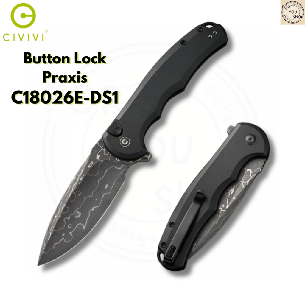 มีดพับ CIVIVI Button Lock Praxis ใบมีด Damascus 3.75นิ้ว ด้าม Aluminum ระบบ Button Lock C18026E-DS1