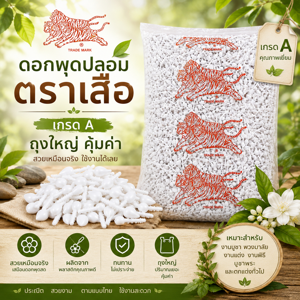 ดอกพุดพลาสติก ดอกพุดปลอม สีขาว 1ถุงหนัก 1กก. ดอกพุดร่วง พุดพลาสติก พุดทำบายศรี อุปกรณ์ทำบายศรี