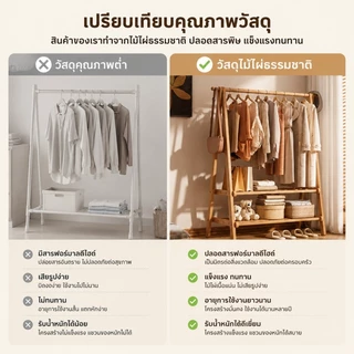 ราวแขวนเสื้อไม้ พร้อมชั้นวางของด้านล่าง ราวแขวนผ้าไม้สไตล์มินิมอล ใช้งานได้หลายมุมบ้าน
