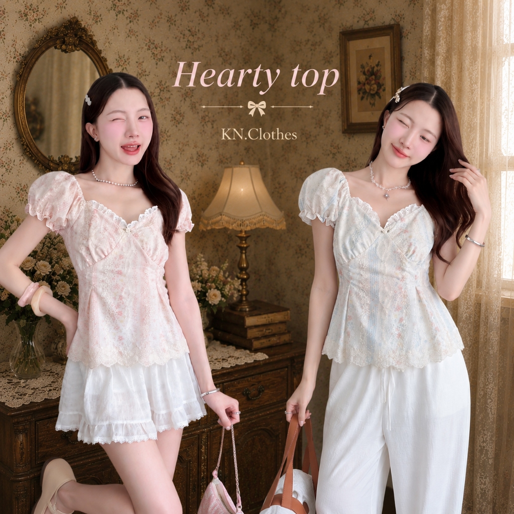Hearty top : เสื้อแขนตุ๊กตา คอหัวใจแต่งลูกไม้ ติดกุหลาบจิ๋ว เย็บจีบช่วงตัว เนื้อผ้ามีเทคเจอร์ KN.Clothes
