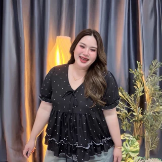 Dottie Blouse (ง64) เสื้อสาวอวบพลัสไซส์ ผ้าพริ้วลายจุด คอผูกโบว์ พรางหุ่น อก38-54 นิ้ว