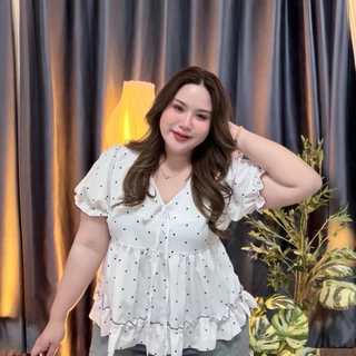 Dottie Blouse (ง64) เสื้อสาวอวบพลัสไซส์ ผ้าพริ้วลายจุด คอผูกโบว์ พรางหุ่น อก38-54 นิ้ว