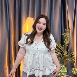 Dottie Blouse (ง64) เสื้อสาวอวบพลัสไซส์ ผ้าพริ้วลายจุด คอผูกโบว์ พรางหุ่น อก38-54 นิ้ว