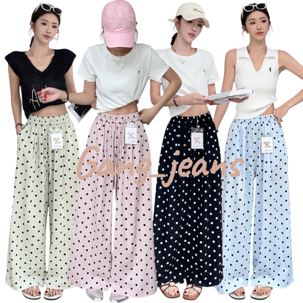 Gang_jeans#9525(K)กางเกงขายาวลายจุด ทรงปล่อย เอวยางยืด ใส่สบาย ขากว้าง สไตล์มินิมอล Korean Polka Dot Pants