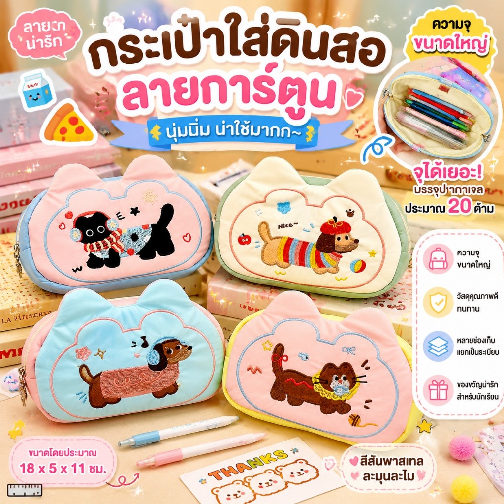 กระเป๋าใส่ดินสอลายการ์ตูนน่ารักสำหรับผู้หญิง ความจุขนาดใหญ่ กระเป๋าเครื่องเขียนนักเรียนสไตล์ใหม่ กระเป๋าเก็บดินสอ