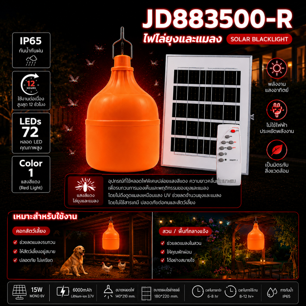 ไฟตุ้ม JD-883500 แสงแดง และ แสงเหลือง ไล่ยุง ผลิตจากวัสดุ ABS แผงโมโน จัดส่งในประเทศไทย