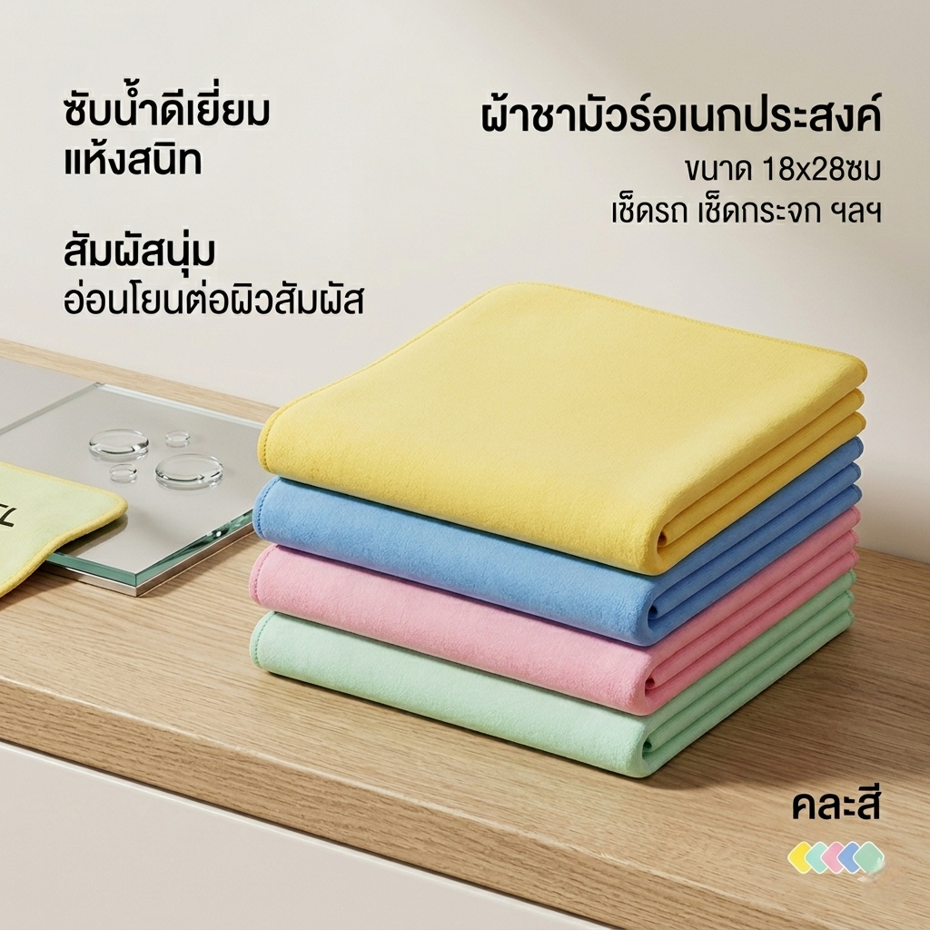 ผ้าชามัวร์ อเนกประสงค์ เช็ดรถ เช็ดผม ผ้านุ่ม ซับน้ำดีเยี่ยม ใช้เช็ดกระจกโต๊ะเครื่องใช้ ขนาด18x28ซม
